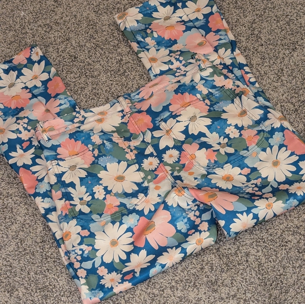 Shein XS (4-6) Floral Blue Daisy Print Flare Pants - Picture 4 of 4